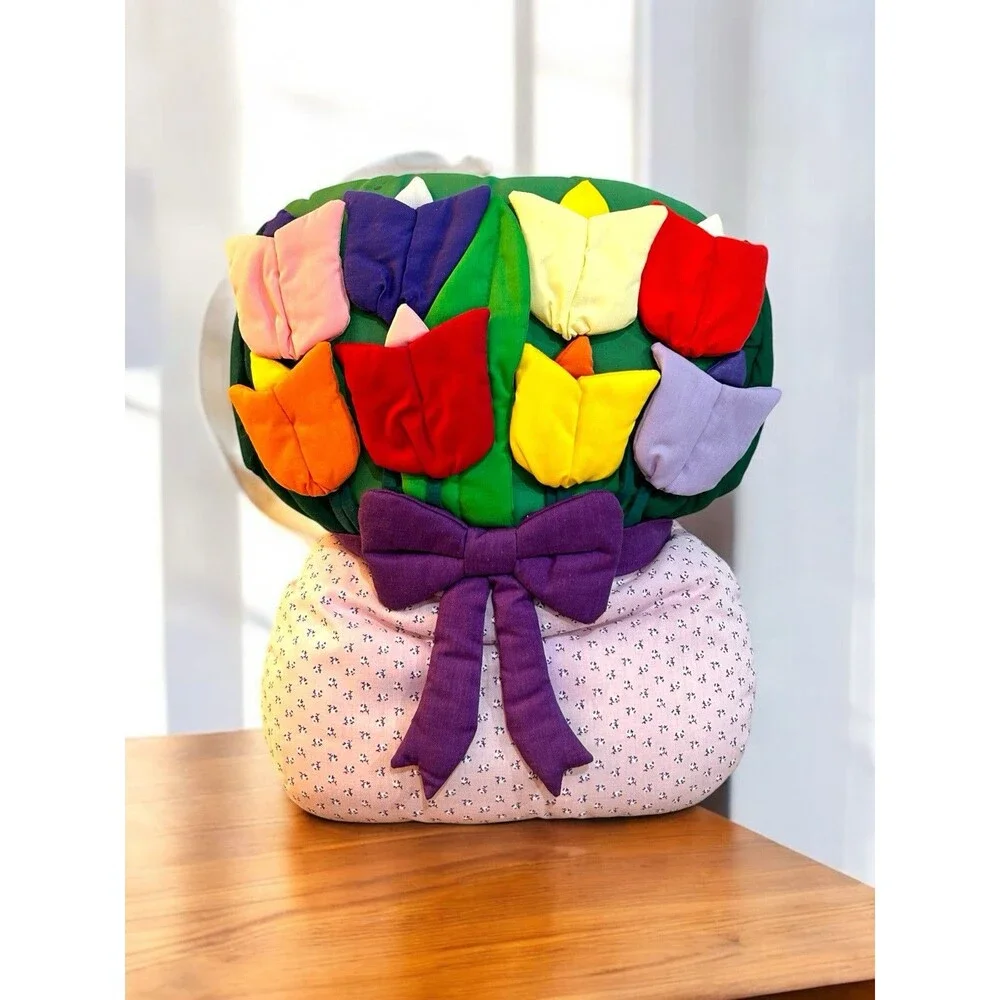 Vtg Bouquet Of Spring Tulips Plush Wall Decoration Or Pillow Cotton Colorful